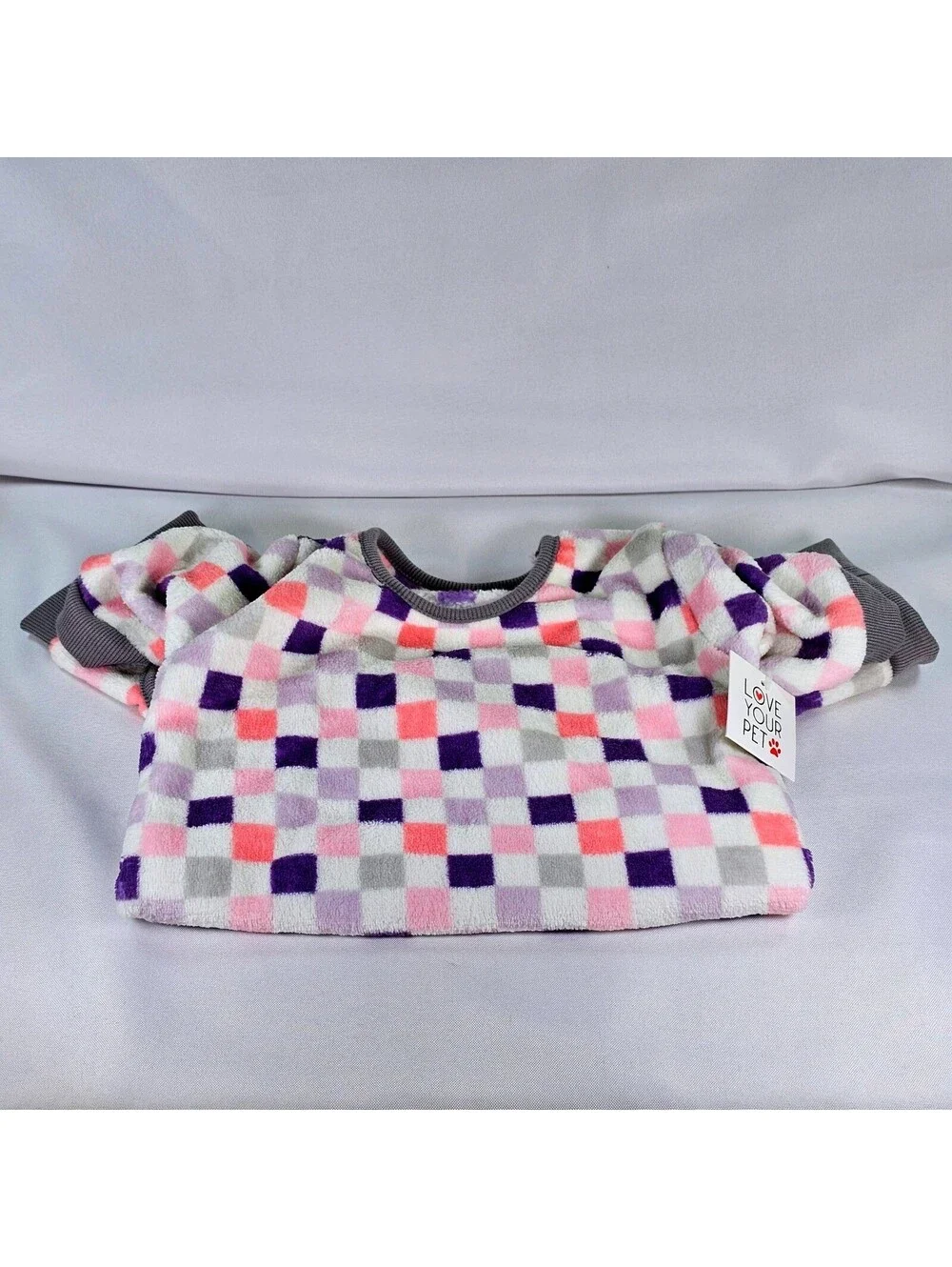 Love Your Pet Fleece Dog Pajamas Checkered Purple Pink White Grey NWT Small